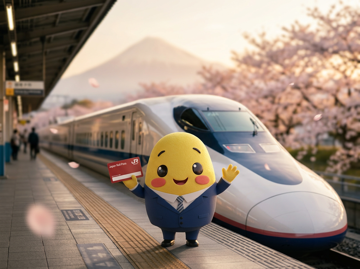 Yuki holding a Japan Rail Pass at a Shinkansen platform