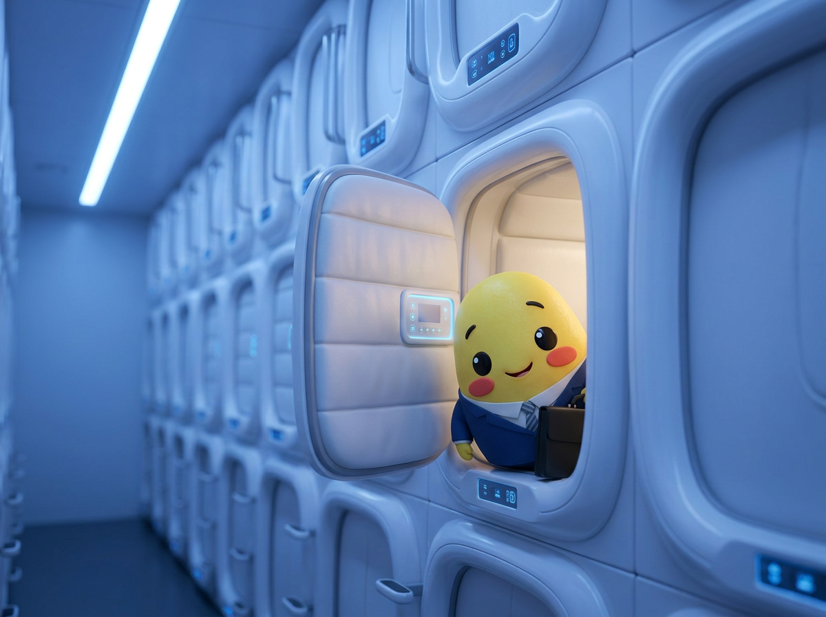 Yuki peeking out from a capsule hotel pod in Japan