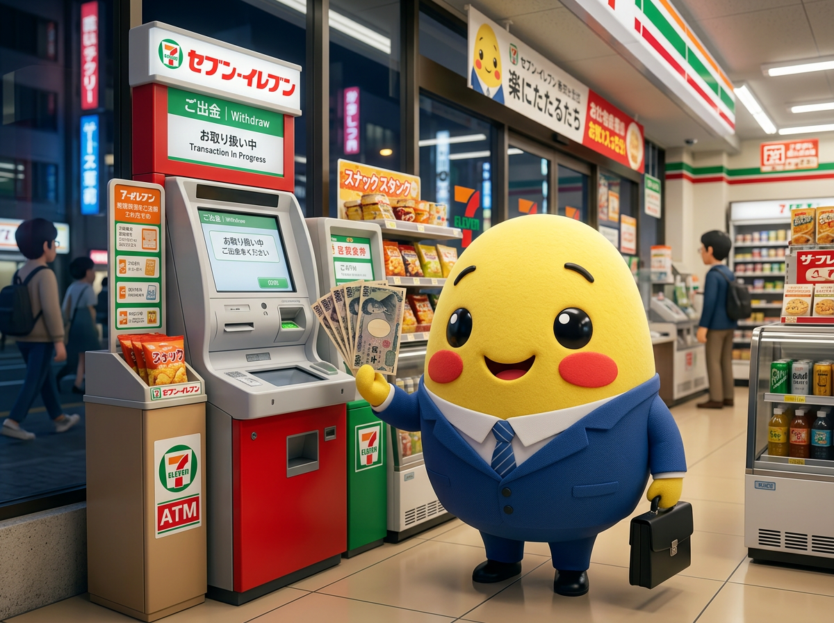 Yuki holding yen beside a 7-Eleven ATM in Japan
