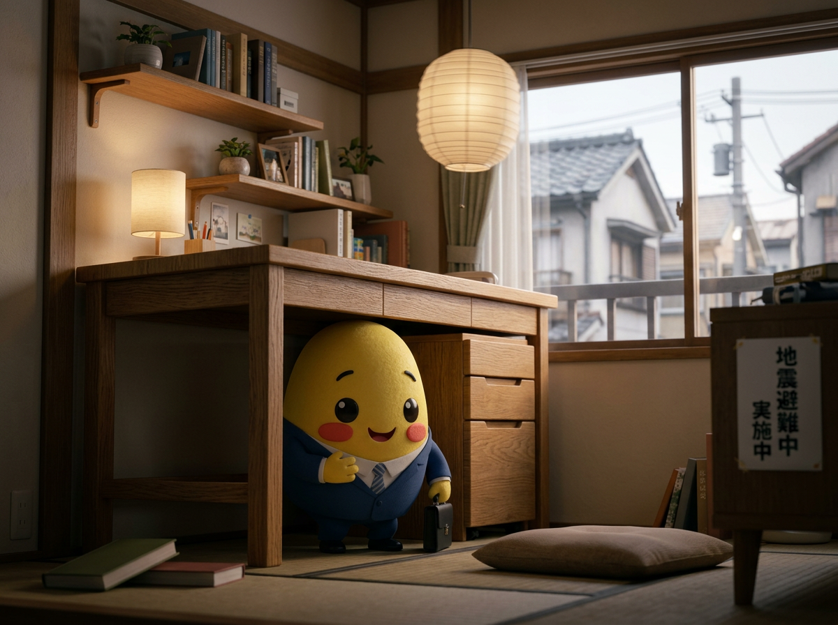 Yuki sheltering under a desk during an earthquake drill in a Japanese room