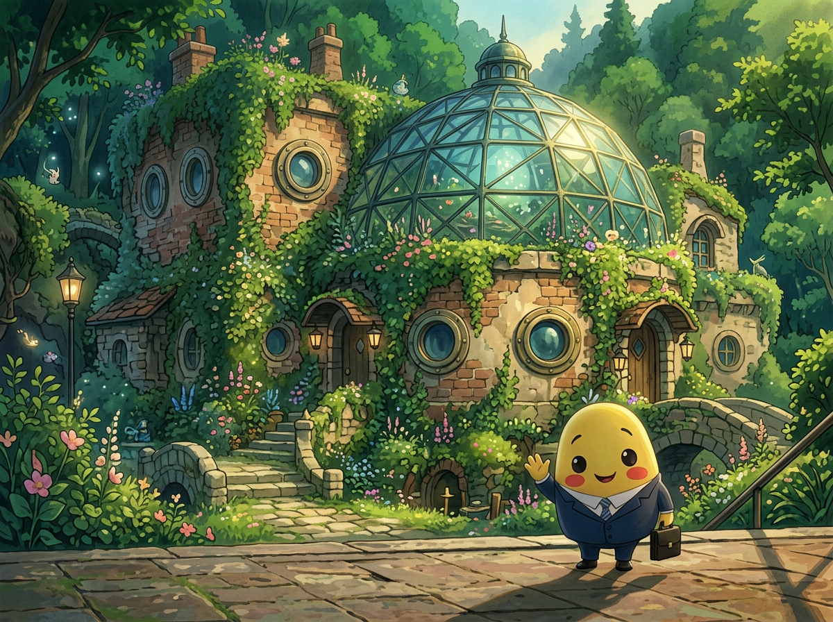 Yuki in front of a whimsical ivy-covered Studio Ghibli style building