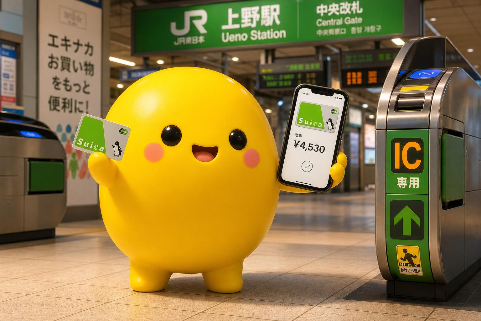Yuki the mascot tapping a phone over a Suica IC card at a Tokyo station