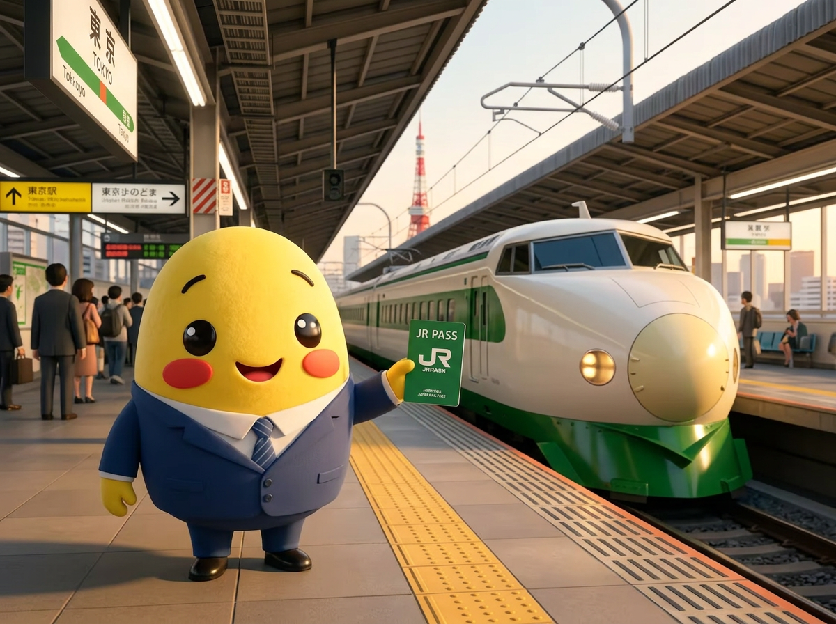 Yuki holding a JR Pass on a station platform beside a Shinkansen