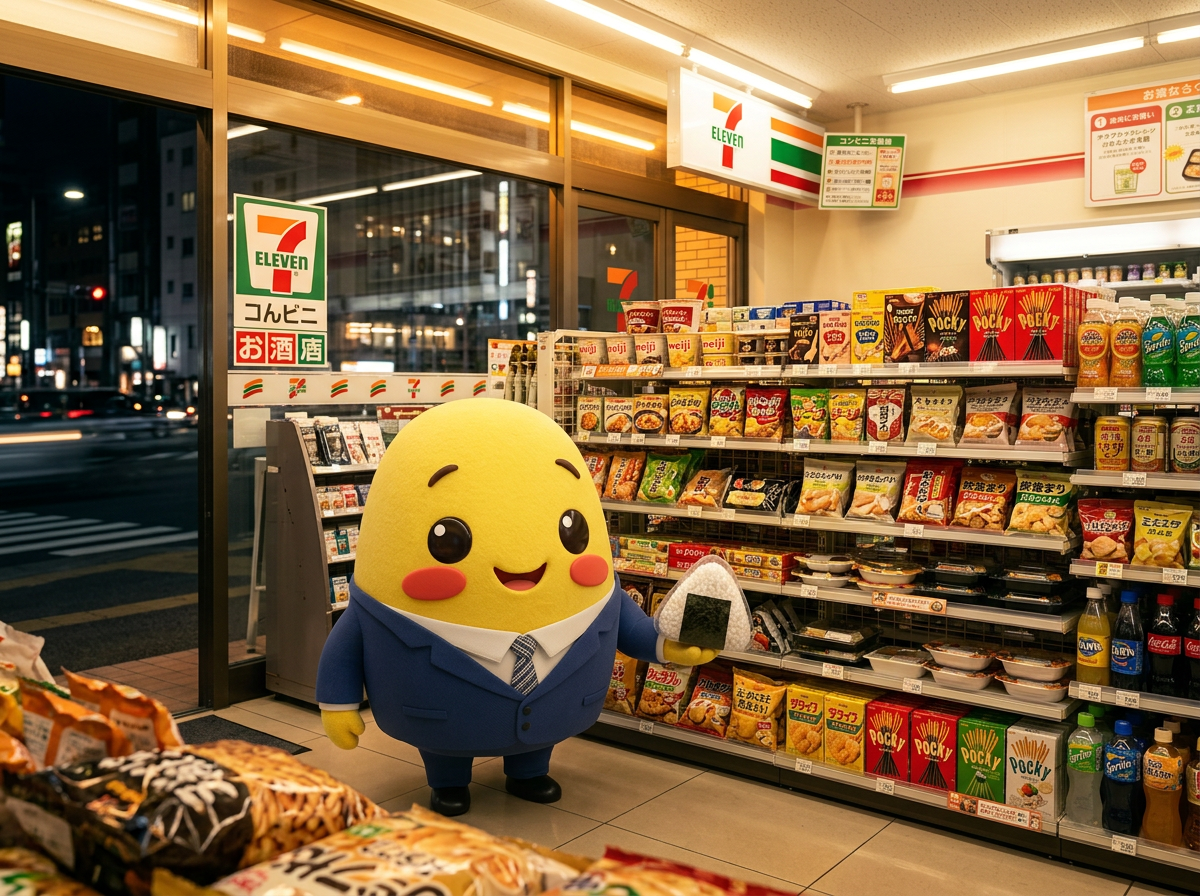 Yuki inside a Japanese 7-Eleven holding an onigiri