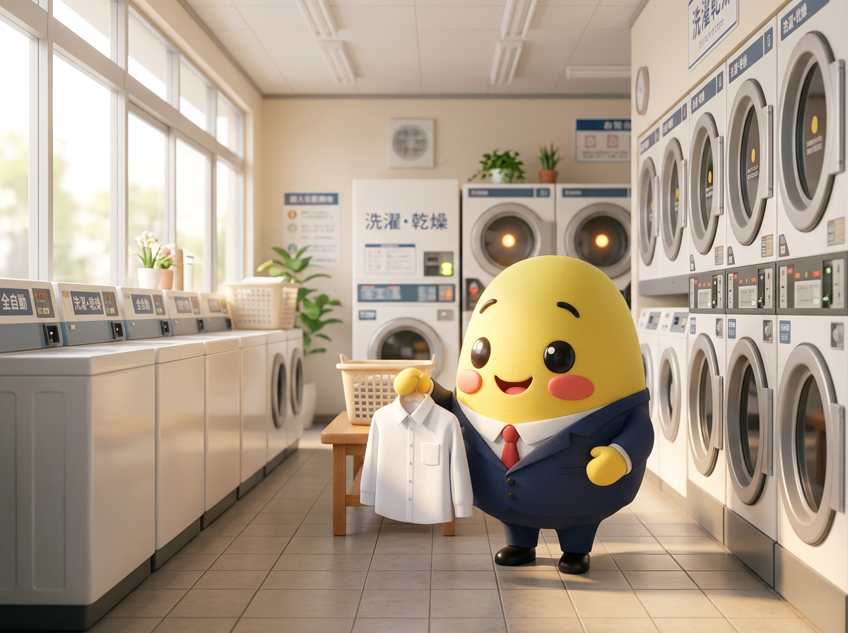 Yuki holding a shirt in a bright Japanese coin laundromat