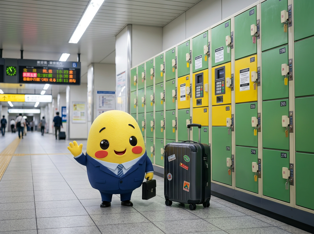 Yuki with a suitcase standing beside Japanese station coin lockers