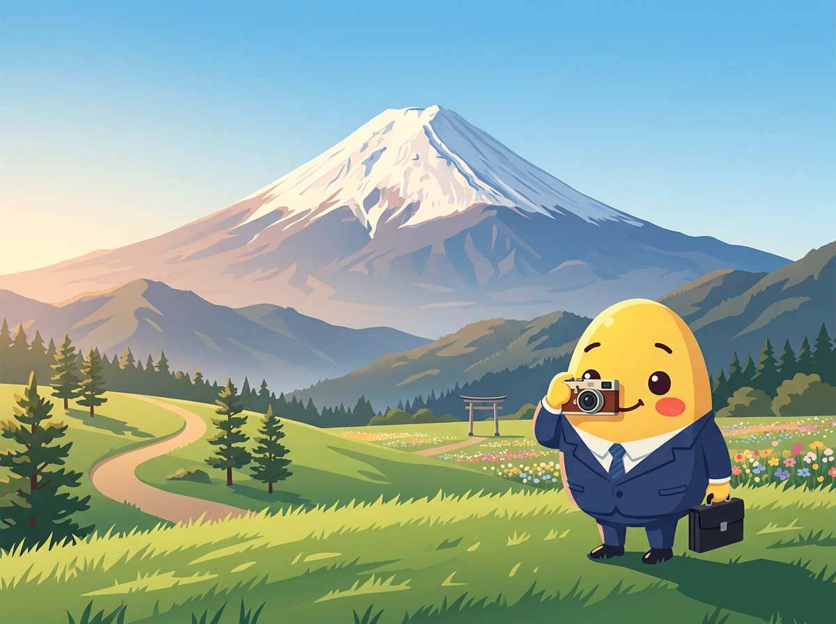 Yuki taking a photo of Mount Fuji from a grassy viewpoint