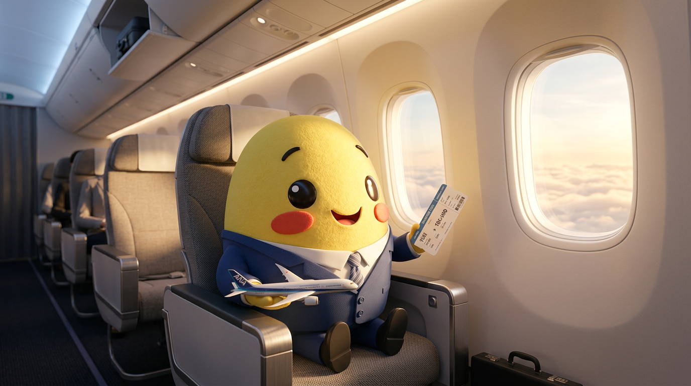 Yuki the mascot sitting on a plane holding a boarding pass