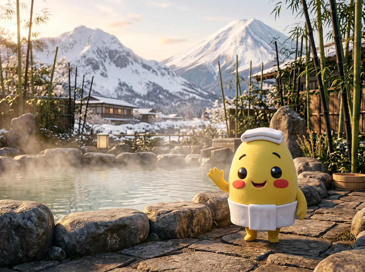 Yuki in an outdoor onsen setting with towel and snowy mountains
