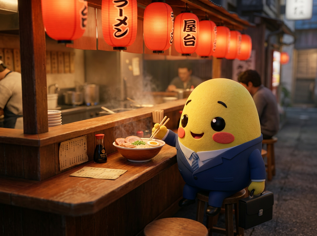 Yuki eating ramen at a lantern-lit ramen counter in Japan