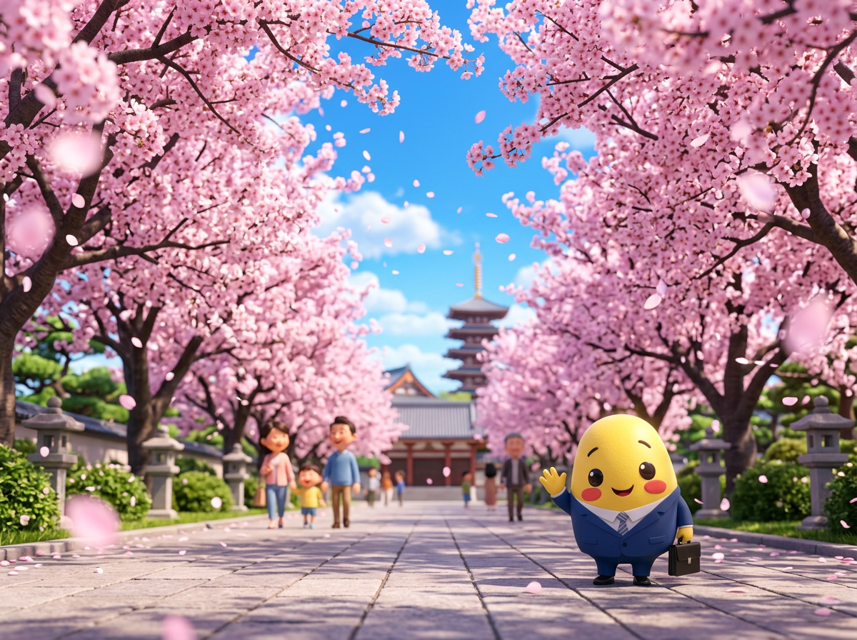 Yuki under pink cherry blossoms on a temple path in Japan