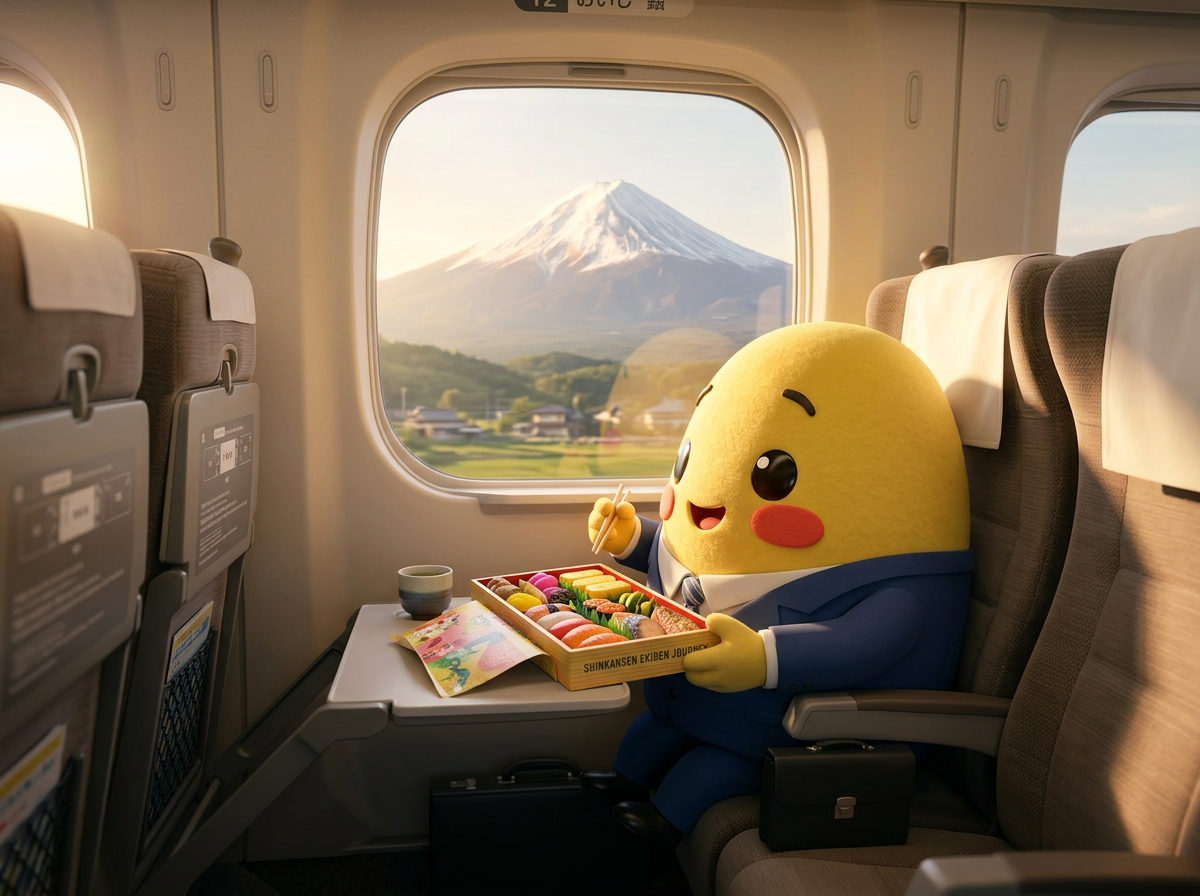 Yuki eating an ekiben on a Shinkansen with Mount Fuji outside