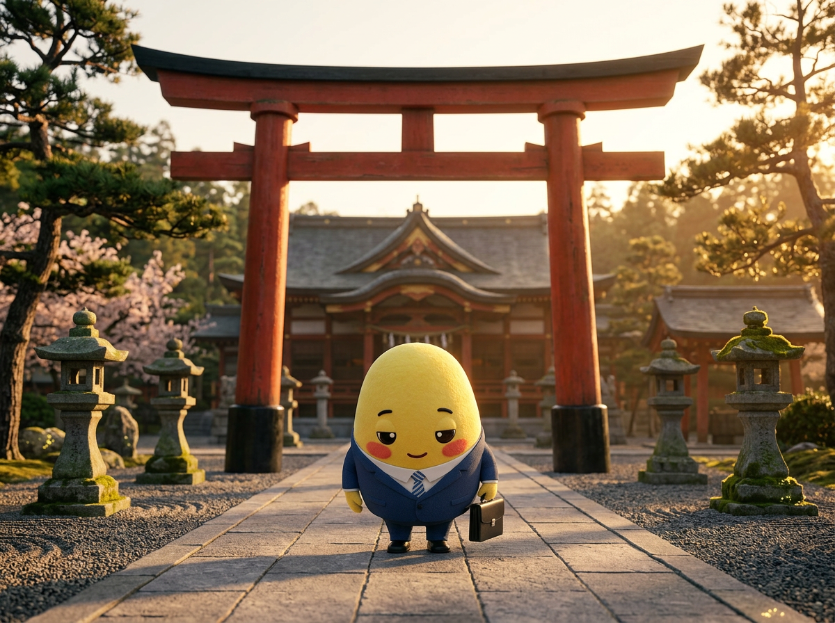 Yuki bowing politely beneath a large torii gate at a shrine