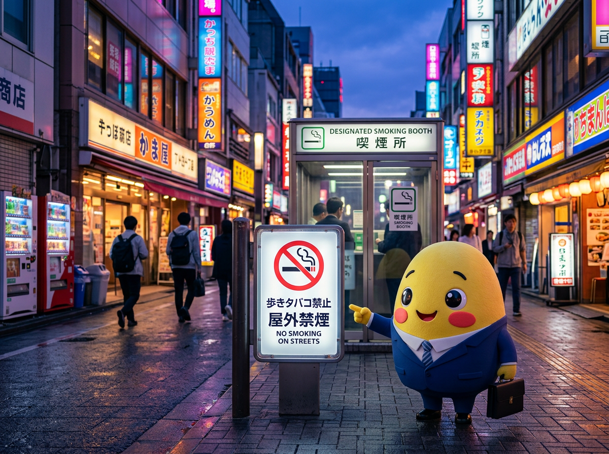 Yuki pointing to a no smoking on streets sign beside a designated booth in Tokyo