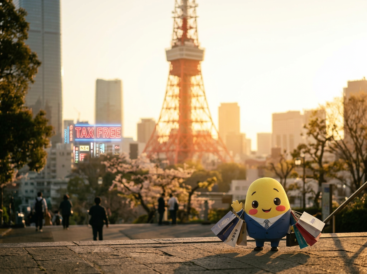 Yuki carrying shopping bags with a tax free sign in Tokyo