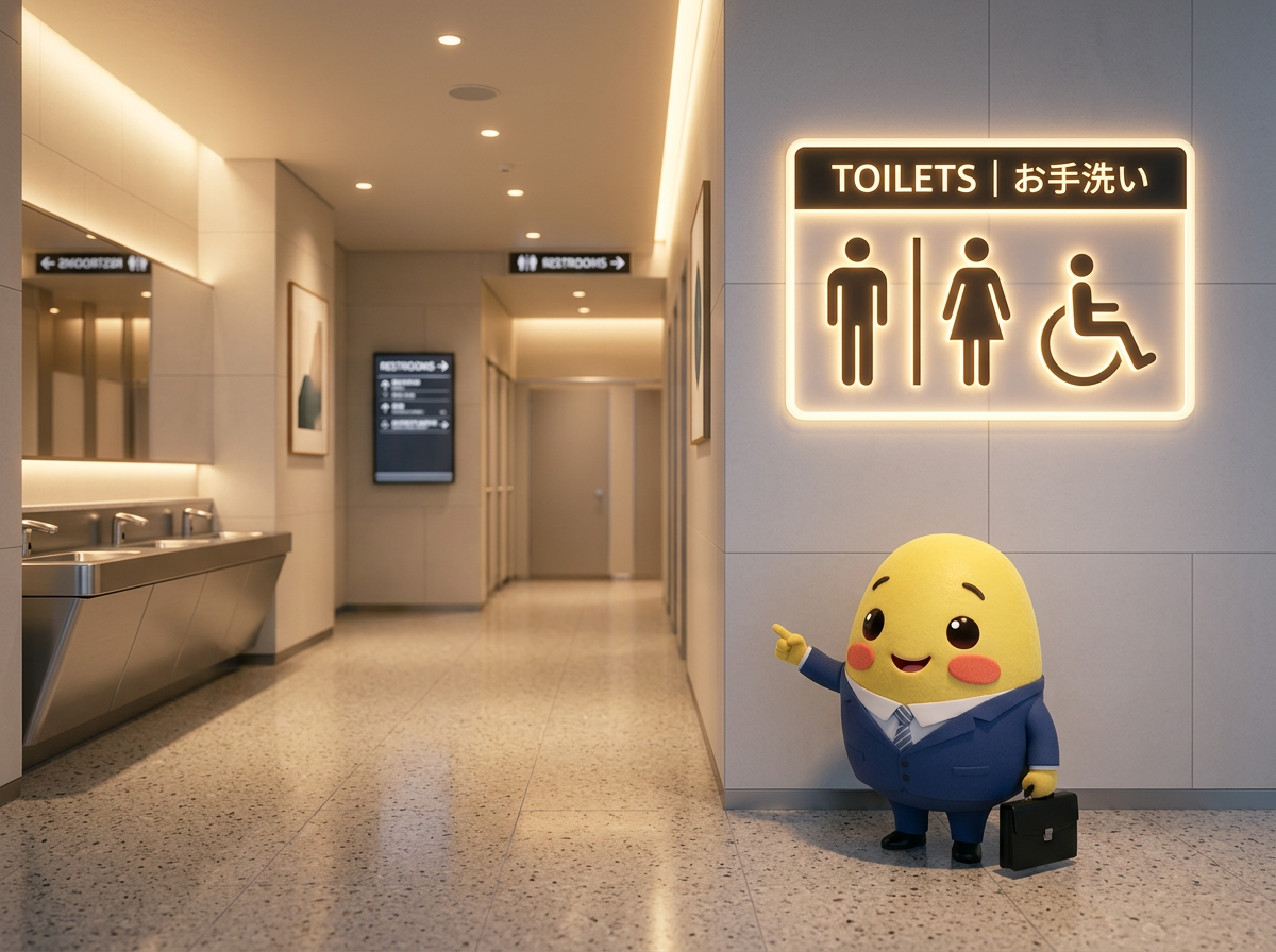 Yuki pointing to a glowing restroom sign in a modern Japanese station