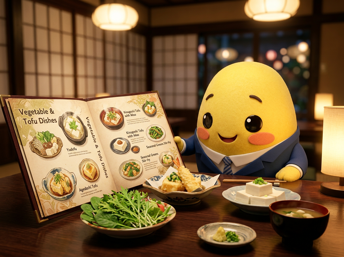 Yuki reading a vegetarian menu with tofu dishes in a Japanese restaurant