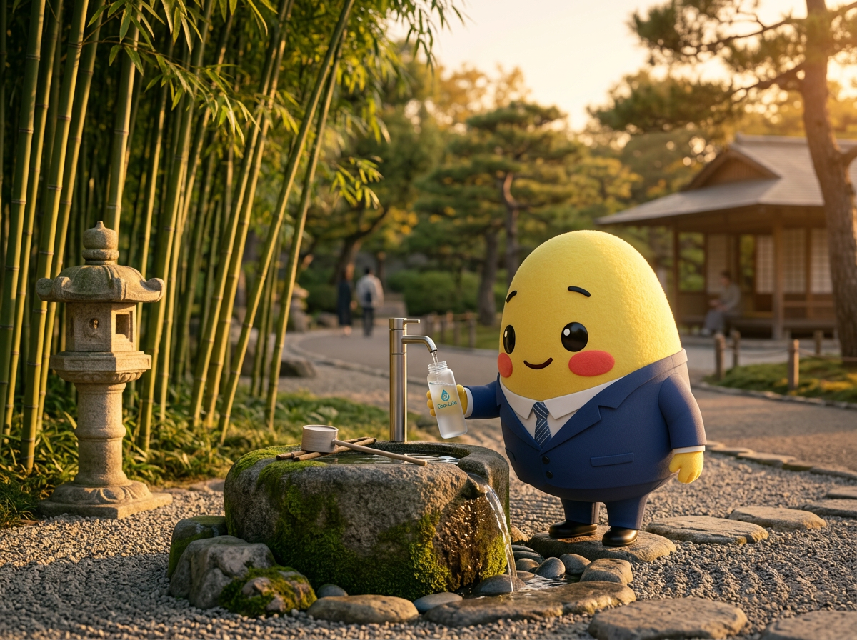 Yuki refilling a water bottle at a Japanese stone fountain