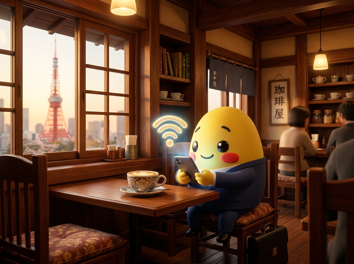 Yuki using a phone with a wifi icon in a cozy Japanese cafe